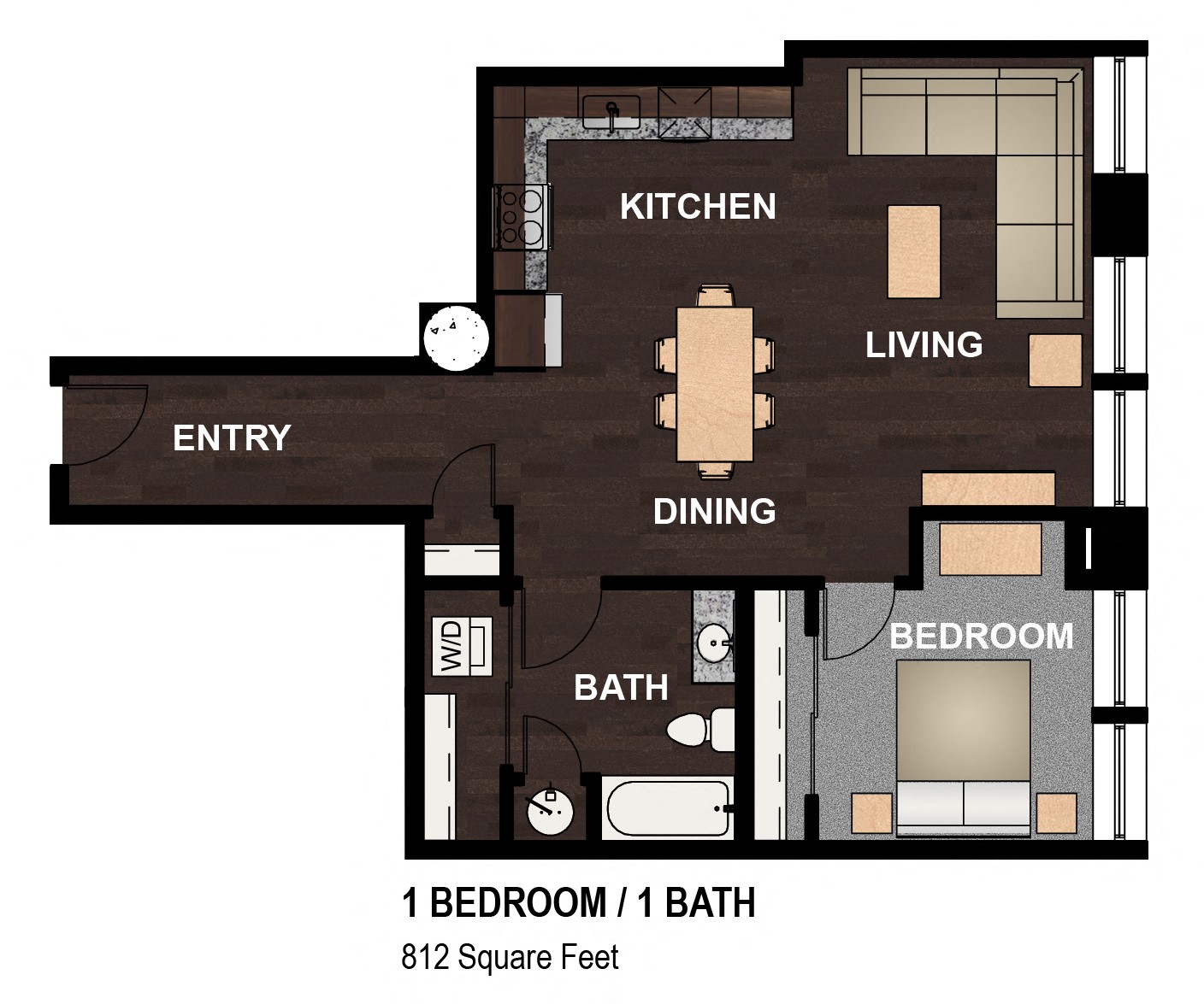 Floor plan for 1 bed, 1 bath, 812 sqft